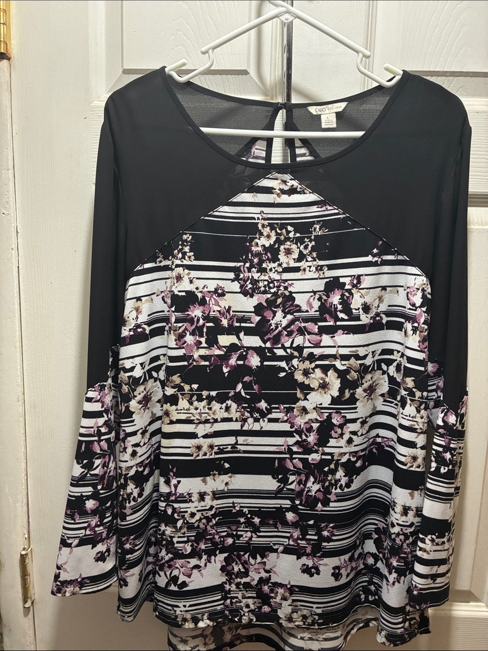Cato Black Floral-Striped Long Sleeve Top